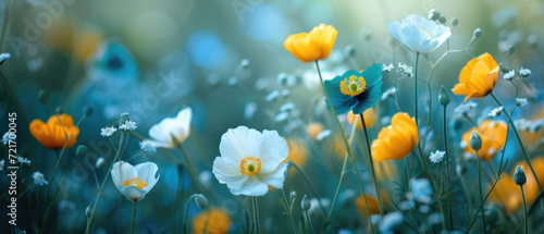 a wild meadow with white and blue flowers and blue sky © Kien