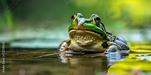 A Bullfrog's Moment of Zen in the Wild | frog in the pond |  a green frog sitting on a rock in wate