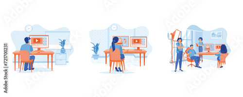 Man wearing headphones working in front of computer. Video Editor concept. Colleagues discuss an astronaut video project with the creative team. set flat vector modern illustration