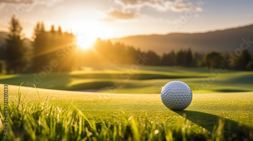 Serene landscape with a close-up of a golf ball on a tee, with a sunset and rolling hills in the distance photo