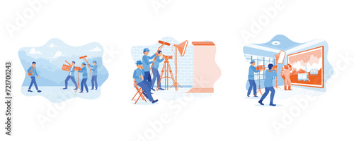 Male model walking in nature. Behind the scenes of the film making process.  Film Production Concept. set flat vector modern illustration 
