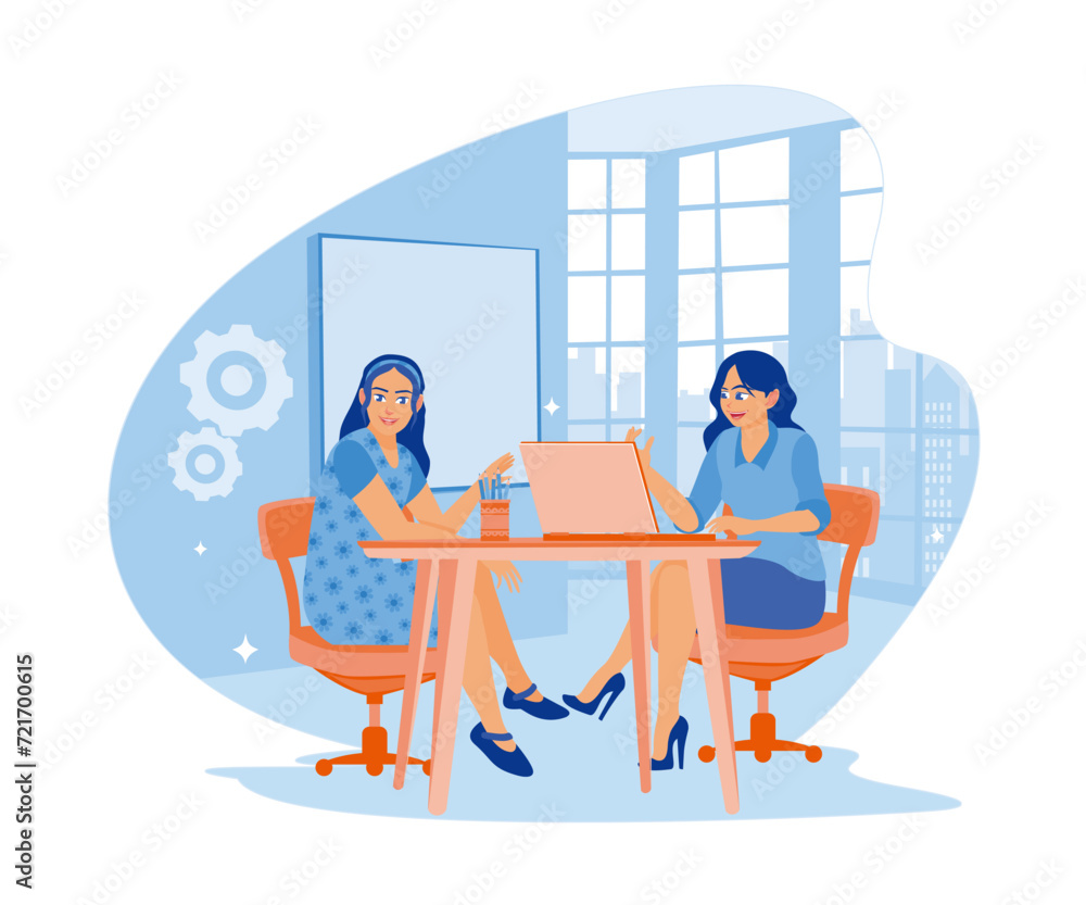 The businesswoman is working at the computer. A team of people sitting at a desk with laptops. flat vector modern illustration 