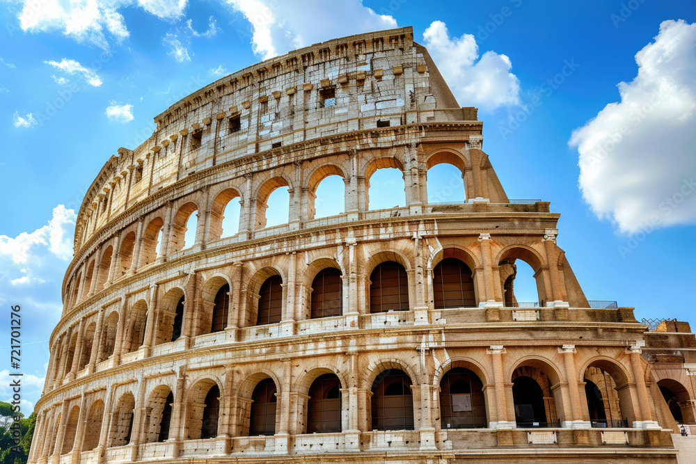 majestic roman coliseum with a beautiful blue sky with white clouds