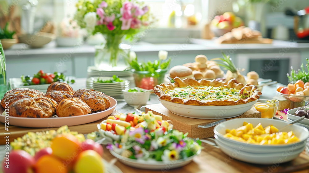 A bright and festive Easter brunch spread featuring a variety of dishes, fresh pastries, and vibrant decorations on a sunny kitchen table.
