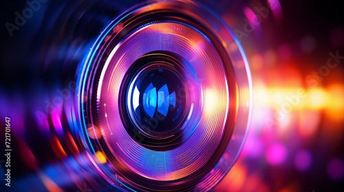 Conceptual digital art of a camera lens with a holographic interface, set against a bokeh light background