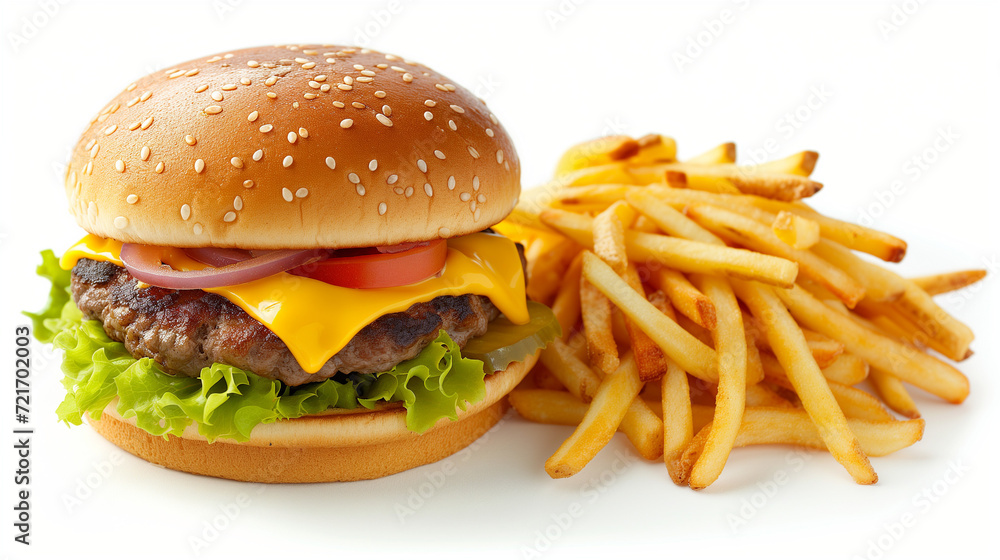 Cheeseburger with a side of thin shoe string fries isolated on a white background Cheeseburger with a side of thin shoe string fries isolated on a white background
