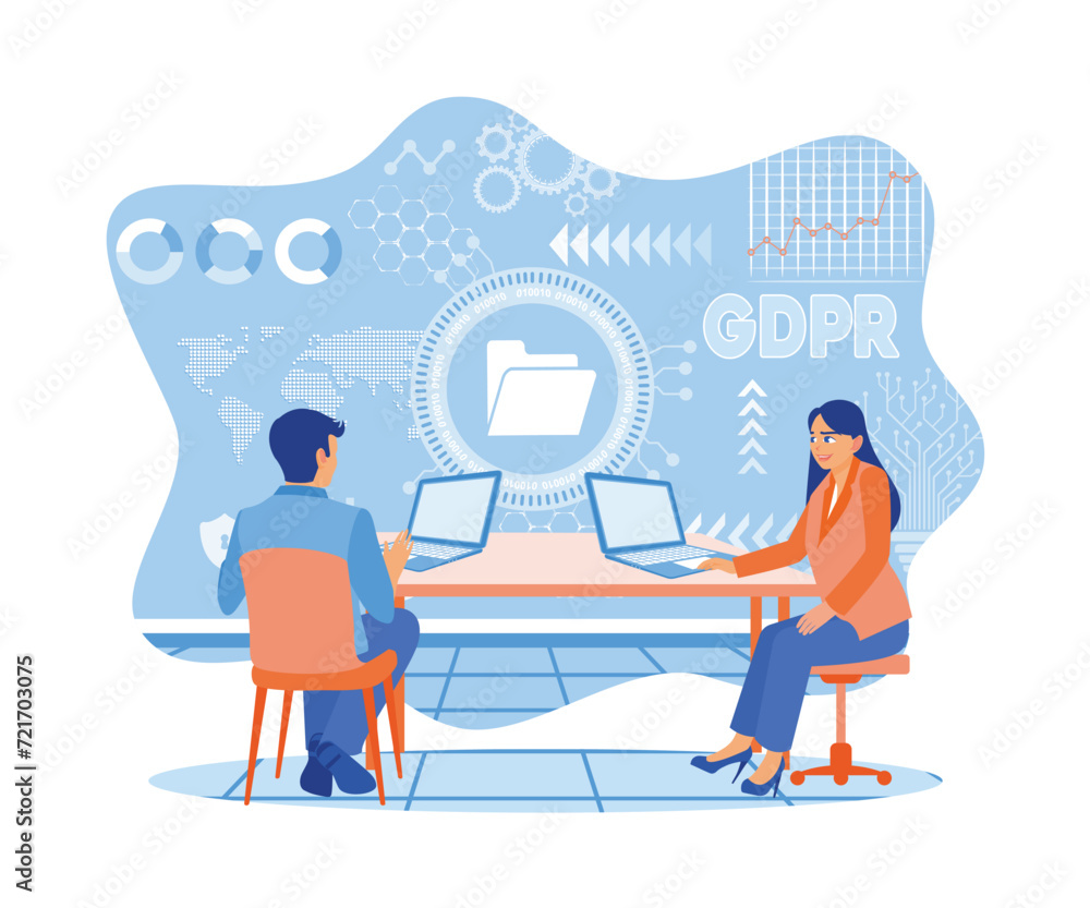 A man and woman are sitting and using a laptop with the gdpr concept symbol. The General Data Protection Regulation or GDPR Concept. flat vector modern illustration 