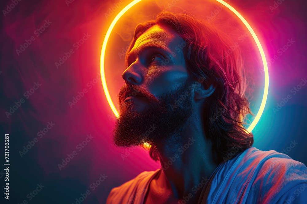 portrait of Jesus Christ with glowing colorful halo light around head, heaven background