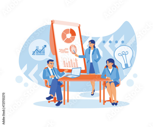 Advertising agency workers meet customers in the office. Woman standing in front of a board. Business promotion strategy, digital marketing, communication process abstract metaphor. Agency worker meet