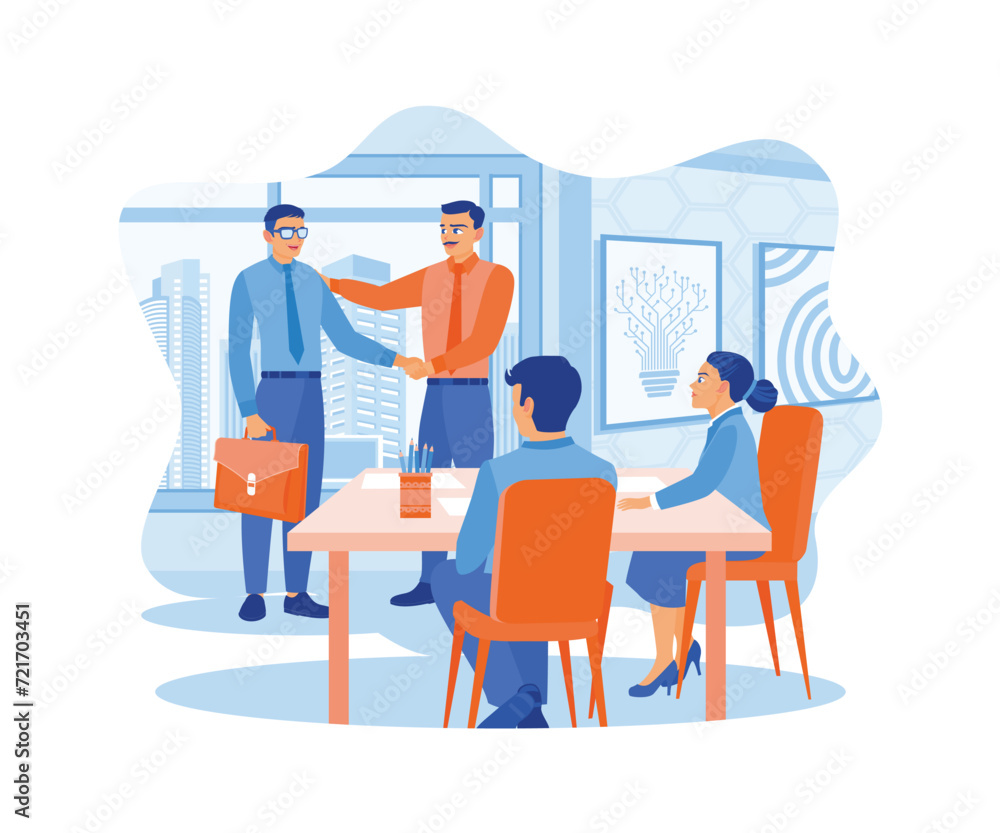 A friendly male leader is shaking hands with a new staff member. Professional business people reach an agreement in negotiations. Agency worker meeting a client. flat vector modern illustration 