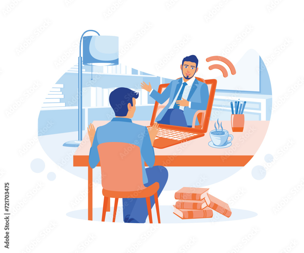 A businessman is talking with a business partner using a video call on the laptop. Discuss work projects online. Agency worker meeting a client. flat vector modern illustration A businessman is talking with a business partner using a video call on the laptop. Discuss work projects online. Agency worker meeting a client. flat vector modern illustration