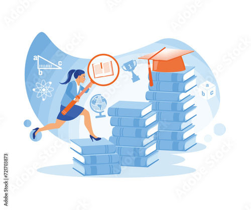 A girl holding a magnifying glass runs over a pile of books. Students access the internet to learn new information and research assignments. Students in the learning process. flat vector modern illust