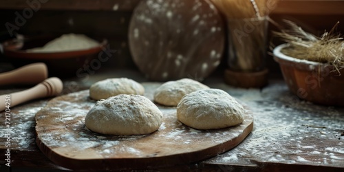 Dough on wooden board, rolling pin, flour on table