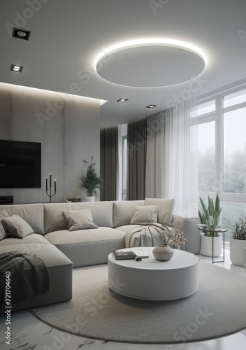 Sala de estar moderna con sof   blanco  mesa de centro de cristal y alfombra gris