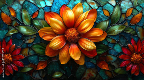 Stained glass window background with colorful Flower and Leaf abstract. 