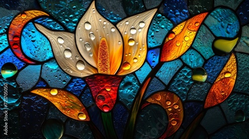 Stained glass window background with colorful Flower and Leaf abstract. 