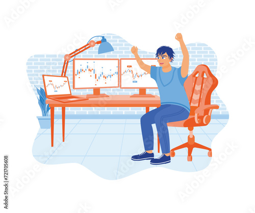A stockbroker with a happy face raises their hand. Celebrating successful stock trading on the computer. Stock Trading concept. flat vector modern illustration