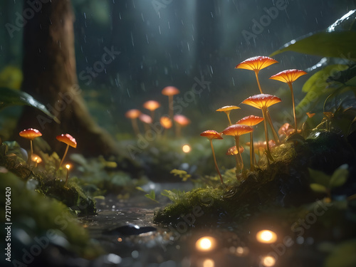 Magical Fairy Forest in Night Rain, Summer Bliss, and Stunning Macro Details. Generative AI