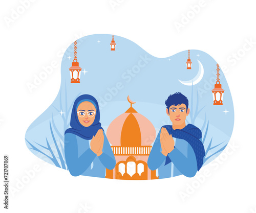  Young couples forgive each other and wish each other a happy Eid. Happy Eid Mubarak concept. flat vector modern illustration 