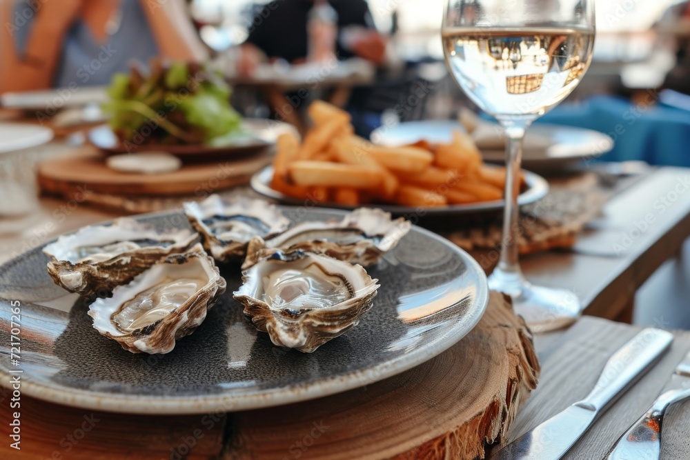 Plate of fresh oysters with lemon on restaurant table Plate of fresh oysters with lemon on restaurant table