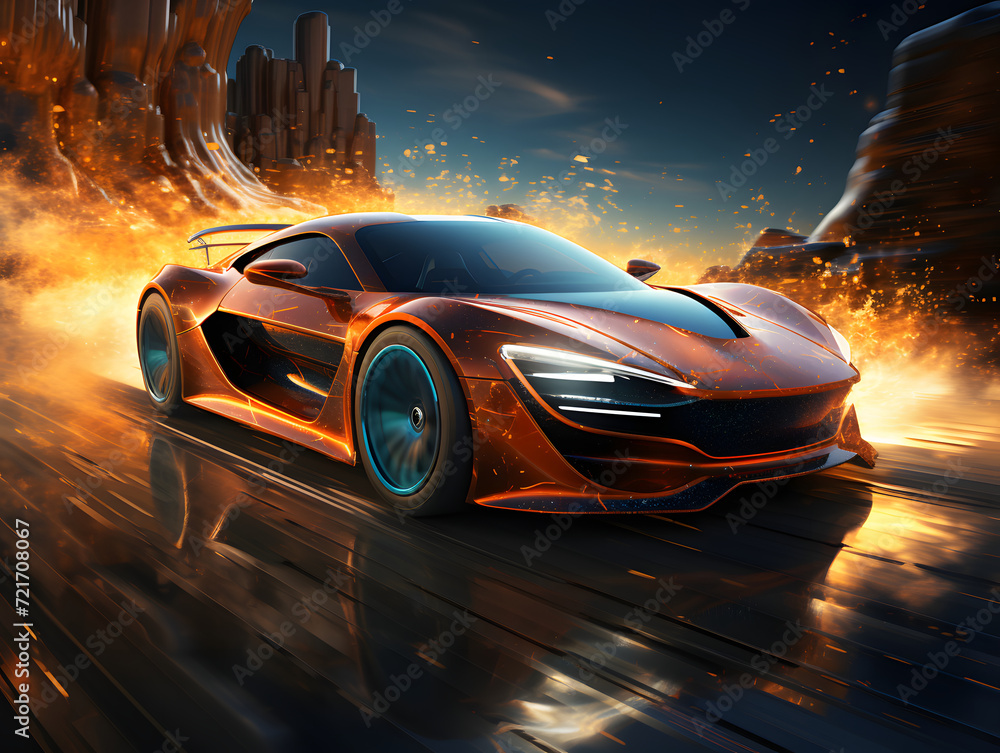 Futuristic Sport Car Drifting on Track with Light Trails Effect