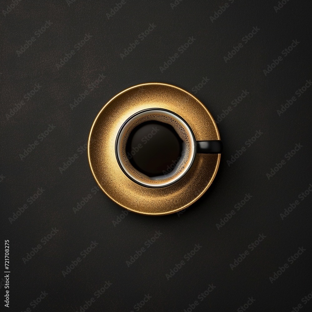 Cup of coffee on gold black background. Minimalistic flat lay. Top view.
