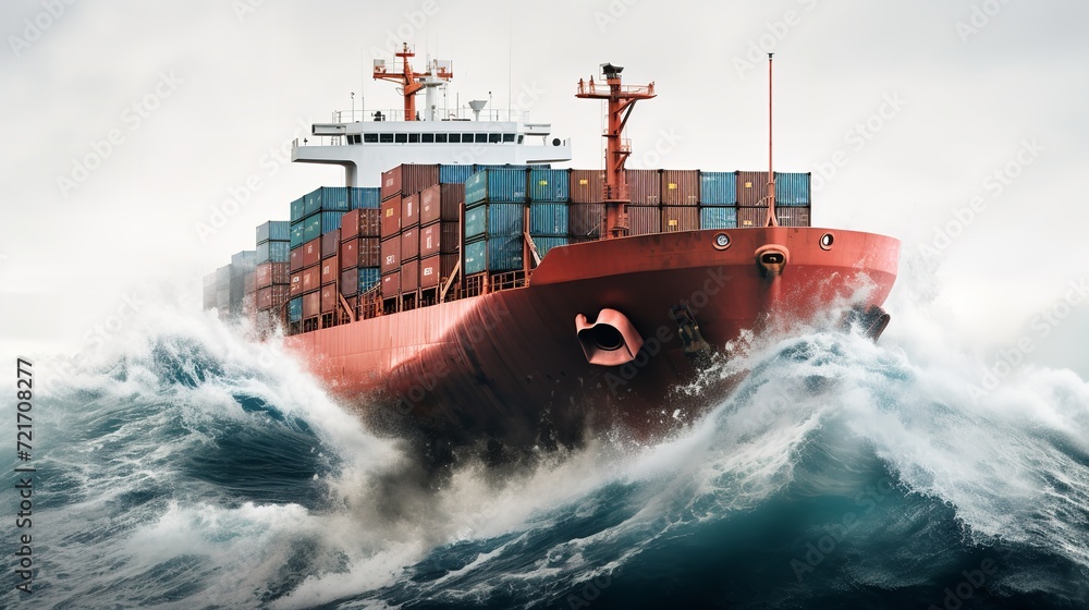 Massive Cargo Ship Navigating Open Sea - AI Generated - obrazy, fototapety, plakaty 