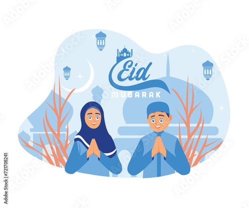  Happy Muslim teenage couple welcoming and celebrating Eid al Fitr. Happy Eid Mubarak concept. flat vector modern illustration 