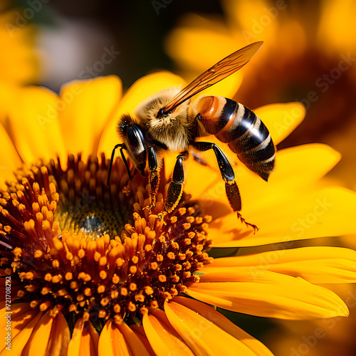 A close-up of a bee pollinating a sunflower.