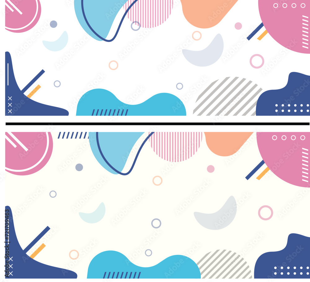 Fototapeta premium Abstract background colorful Memphis flat geometric shapes Design for poster, presentation, card, cover, banner, Wavy flat style design
