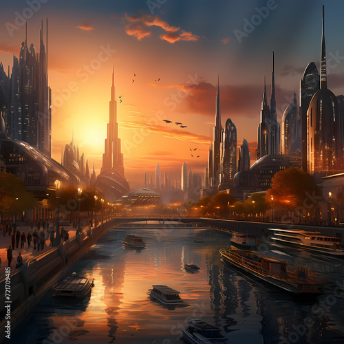 A futuristic cityscape at sunset. 