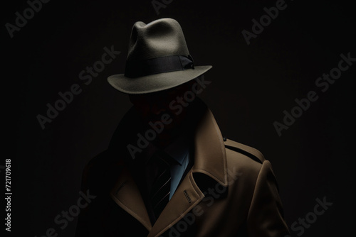A mysterious man in a hat and coat in the shadows photo