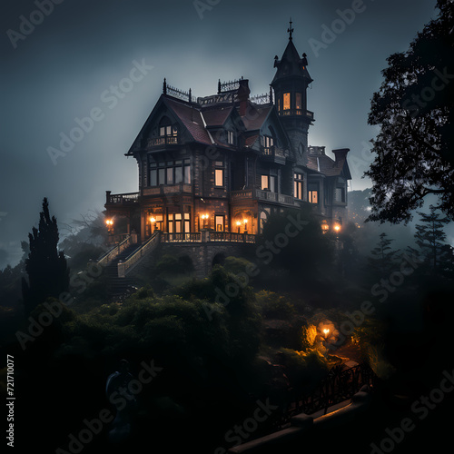 A haunted mansion on a foggy hill.