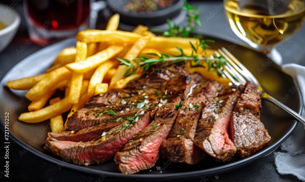 Steak meat with fries. delicious charred meat