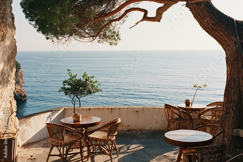 Luxury apartment terrace Santorini Interior of modern living room sofa or couch with beautiful sea view.