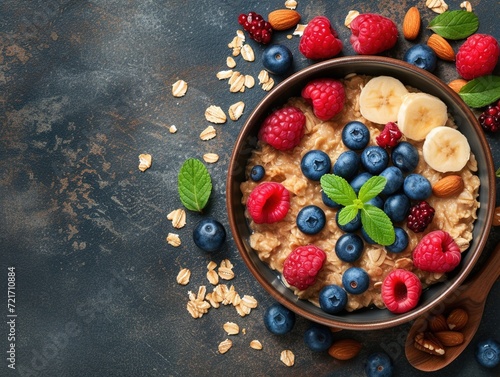 Oatmeal porridge with fruit and berries on stone rustic table
 photo