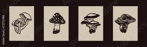Handmade linocut mushroom motif vector clipart in folkart scandi style. Set of simple monochrome block print shapes with woodcut paper texture effect.