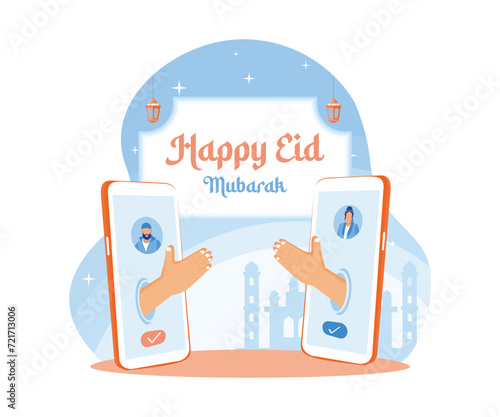  Friends making video calls on mobile phones. Forgive each other and celebrate Eid al Fitr together. Happy Eid Mubarak concept. flat vector modern illustration  photo