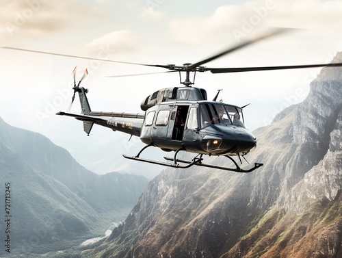 Helicopter Flying High Above Mountain Range - AI Generated photo