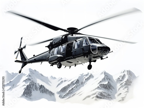 Helicopter Flying High Above Mountain Range - AI Generated