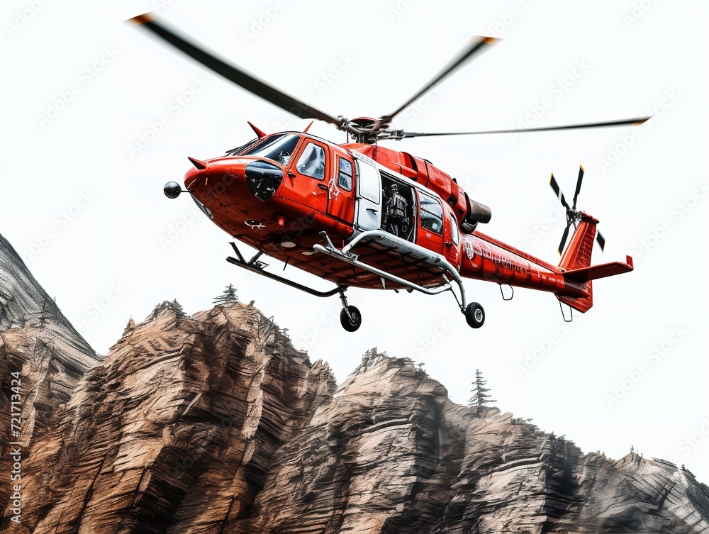 Fototapeta premium Helicopter Flying High Above Mountain Range - AI Generated