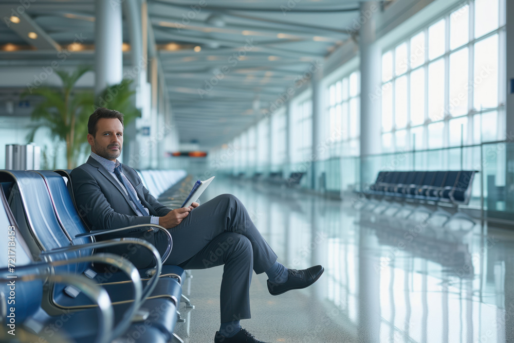 In airport terminal, there is an empty space man is waiting for his flight with his luggage near boarding gate AI Generative In airport terminal, there is an empty space man is waiting for his flight with his luggage near boarding gate AI Generative