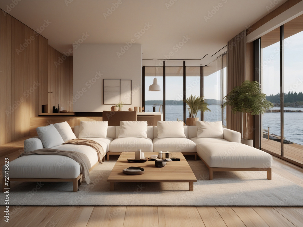 Coastal Lounge, Relaxing Seaside Living Room with Beige Sofa Coastal Lounge, Relaxing Seaside Living Room with Beige Sofa