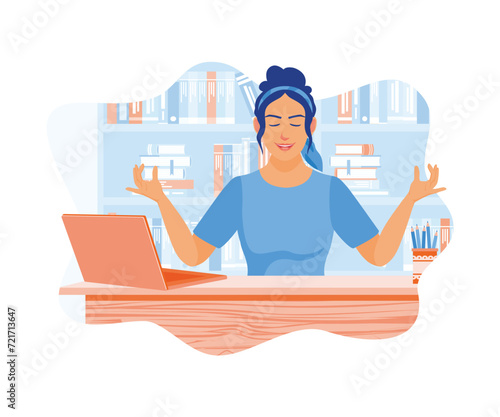 Young businessman relaxing and meditating with a laptop. Practice yoga breathing at work. Self-improvement concept. flat vector modern illustration