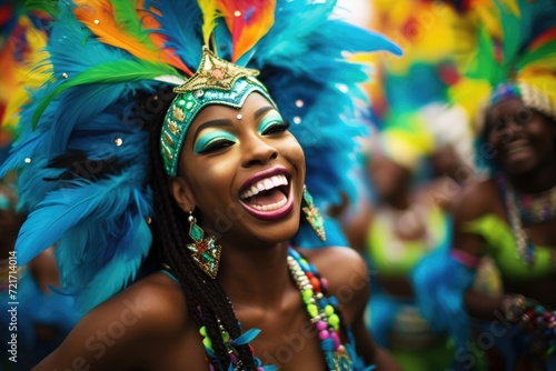 Joyful carnival dancer in a feathered costume. photo