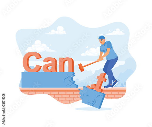  Man standing on the bridge. Change the text from unable to able to use the hammer. Self-improvement concept. flat vector modern illustration 