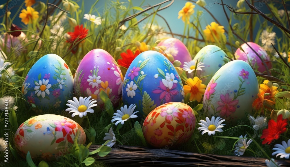 Colorful Easter eggs in a nest among spring flowers. Colorful Easter eggs in a nest among spring flowers.