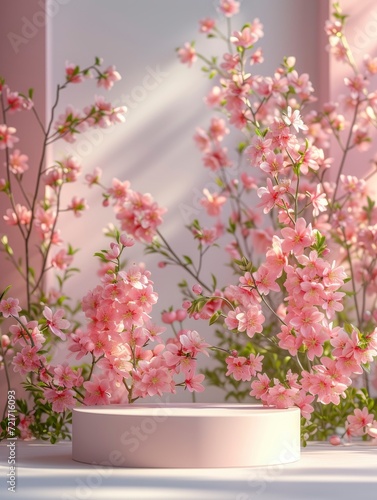 podium with spring background, mockup display stand for product presentation, hyper detailed, photorealistic, 16K, ultra realistic, no watermark - generative ai