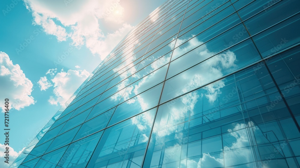 Modern office building or business center. High-rise window buildings made of glass reflect the clouds and the sunlight. empty street outside wall modernity civilization. growing up business Modern office building or business center. High-rise window buildings made of glass reflect the clouds and the sunlight. empty street outside wall modernity civilization. growing up business