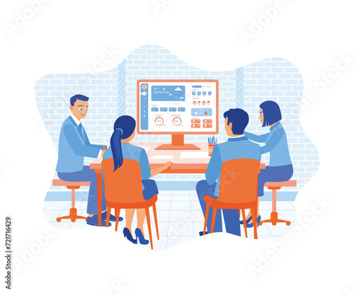 A team of IT experts is sitting in front of computers. Develop UI and UX designs for mobile applications. APP device concept. flat vector modern illustration 